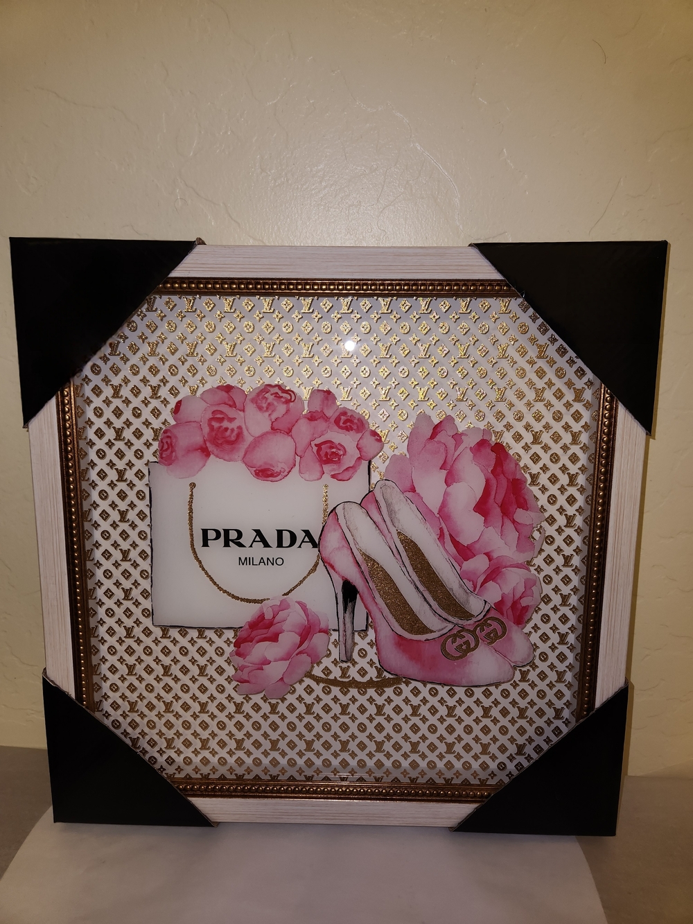 Glam Lux Brands Pink Floral Heels Multicolor Acrylic Glass Wall Art Gold Accents